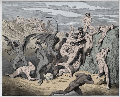 Inferno, Gesang 18: Teufel und Verführer (Illustration aus Die Göttliche Komödie von Dante Alighieri, 1885) von Gustave after Dore